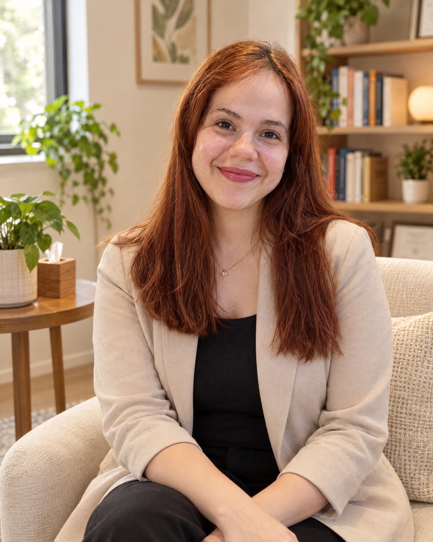 Psicóloga Glenda Caballero sonriendo en su consulta
